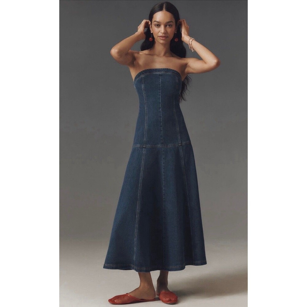 Anthropologie Strapless Drop Waist Dark Denim Midi Dress Small New